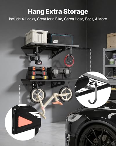 VEVOR 2-Pack Heavy Duty Garage Wall Shelving, 2 x 3 ft Steel Wall Mounted Shelving Unit with Hooks, 24 x 36 Inch Per Shelf Floating Storage Metal Rack for Garage, 500 lbs Total Weight Capacity - size: 2×3 ft