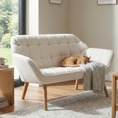 48" Small Loveseat Sofa, Modern Sherpa Mini Sofa Couch 2-Seater Fluffy Love Seat with Quilting Backs and Wood Legs for Living Room, Bedroom and Small Space, White - color: White