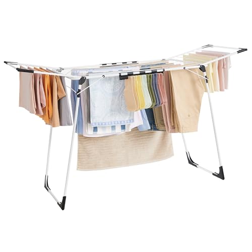 SONGMICS Clothes Drying Rack Foldable, Gullwing Laundry Drying Rack, Space-Saving, 22.2 x 68.1 x 38 Inches, Sock Clips, Metal Structure, for Clothes, Towels, Linens, Indoor, Outdoor White ULLR518W01 - color: White, style: 2 Gullwings（22.2"D)