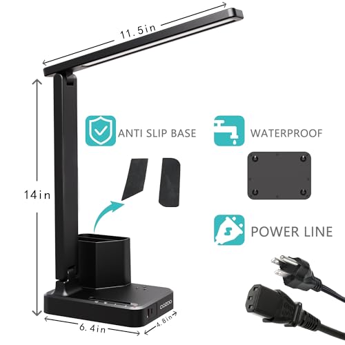 LED Desk Lamp USB A/C AC Pen Holder Dorm Home Office Desk Light Black | Adjustable LED Desk Light with USB A/C, AC Outlet, Pen Holder; Small Desk Lamp for Dorm, Study, Craft & Home Office - color: Black