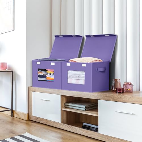 Univivi Fabric Foldable Storage Bins with Lids, 4 Pack, Purple | Stackable Closet Storage Bins, Fabric Closet Organizers and Storage with Lid & Clear Window for Home, Office, Bedroom - color: Purple