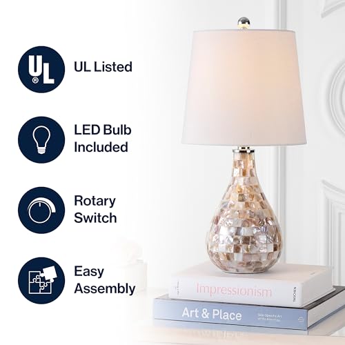 JONATHAN Y Mona Coastal Mini LED Table Lamp 20.5" Bedside, Seashell | White Linen Drum Shade, Mother Of Pearl Resin Body, On-Off Rotary Switch, LED Bulb Included - color: Seashell
