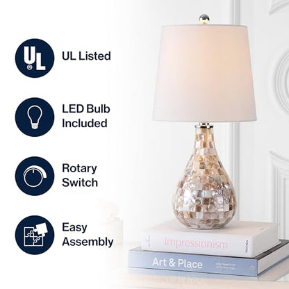 JONATHAN Y Mona Coastal Mini LED Table Lamp 20.5" Bedside, Seashell | White Linen Drum Shade, Mother Of Pearl Resin Body, On-Off Rotary Switch, LED Bulb Included - color: Seashell