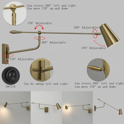 Adjustable Direction Swing Arm Wall Lamp, Gold, 33 Inch | Rotatable Activity, Dual Power Modes Plug-in/Hardwired, Indoor Large Wall Mounted, For Bedroom Living Room Dining Room - color: Dold