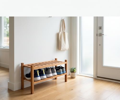 2-Tier Acacia Wood Stackable Shoe Rack - Brush Teak - color: Teak
