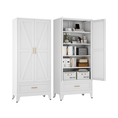 Washsemba 71 "Farmhouse Metal Filing Cabinet with a Drawer and 4 Adjustable Shelves, with 2 Large barn Door White Kitchen Cabinets, Metal Food Cabinets for Home, Kitchen, Dining/Living Room (White) - color: White, size: 71" - Filing Cabinet - 1 Drawer 2 D