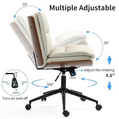 Armless Modern Walnut Office Desk Chair with Wheels, PU Leather Adjustable Wide Swivel Executive Task Chair, Ergonomic Cross Legged Computer Chair for Conference Room, Home Office, Beige - color: Beige