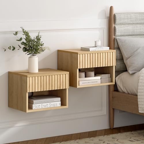 Small Floating Nightstand Set of 2, Modern Fluted Night Stand with Drawer and Open Storage Shelf Wall Mounted Bedside Tables Natural Oak - color: Natural Oak, size: 2 PCS