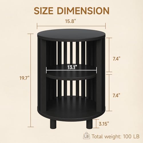 Round End Table, Wood Bedside Table, Mid Century Modern Nightstand with Open Storage Shelf, 3 Tier Small Side Tables for Living Room, Bedroom, Curved Profile Design, Black(1-Pack) - color: Black, size: 19" H