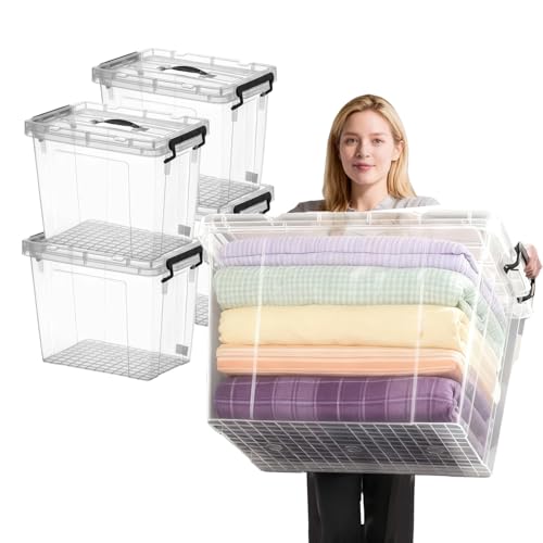 4 Pack 90 QT Plastic Storage Bins with Lids | Clear Stackable Bins with Secure Latches and Handles Heavy-Duty Storage Containers For Home Office and Garage Organization - size: 90 Qt