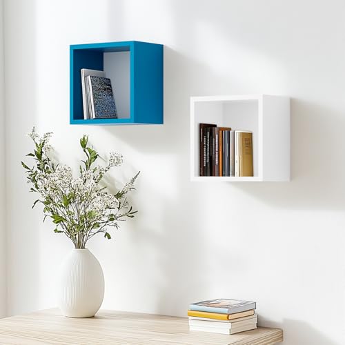 Cube Floating Shelves Set2, Display Shelves Wall Mount 7.75" D x 12.5" W x 12.5" H, (Cyan, Square 2 Cubes) - color: Cyan, size: Square-Set2
