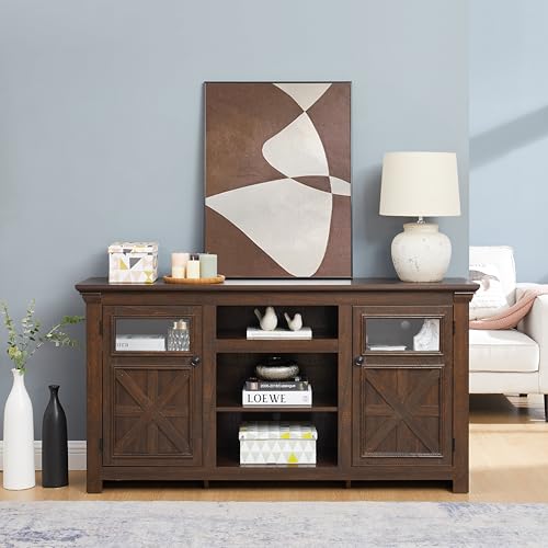 Farmhouse TV Stand 60 in for TVs up to 65 inch, Wood TV Console with 6 Cable Management Holes and Adjustable Shelves for Living Room, Barn Style Media Center with Glass Doors, Espresso - color: Espresso-d-60.23 X 15.35 X 31.70 Inch
