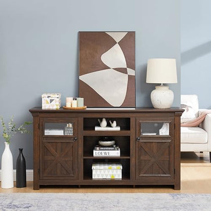 Farmhouse TV Stand 60 in for TVs up to 65 inch, Wood TV Console with 6 Cable Management Holes and Adjustable Shelves for Living Room, Barn Style Media Center with Glass Doors, Espresso - color: Espresso-d-60.23 X 15.35 X 31.70 Inch