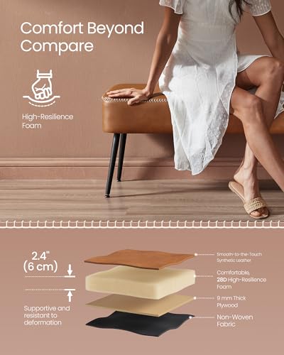 VASAGLE EKHO Collection - Bench for Entryway Bedroom, Synthetic Leather with Stitching, Ottoman Bench with Steel Legs, Living Room, Mid-Century Modern, Loads 660 lb, Caramel Brown ULOM076K01 - color: Caramel Brown, style: Steel Leg Bench