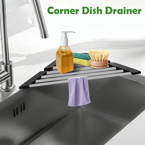 Small Triangle Foldable Dish Drying Rack with Silicone Ends for Sink Corner | Sink Cover, 304 stainless steel, Space-Saving, Over-the-Sink Drainer, on the counter, Easy Cleaning, Rustproof,All-in-one