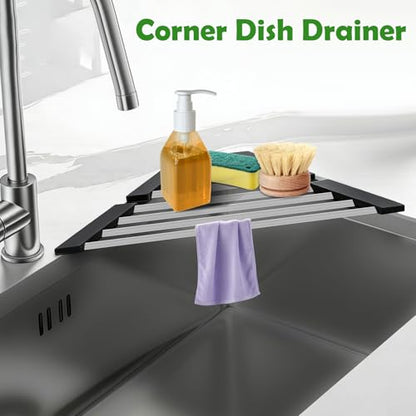 Small Triangle Foldable Dish Drying Rack with Silicone Ends for Sink Corner | Sink Cover, 304 stainless steel, Space-Saving, Over-the-Sink Drainer, on the counter, Easy Cleaning, Rustproof,All-in-one