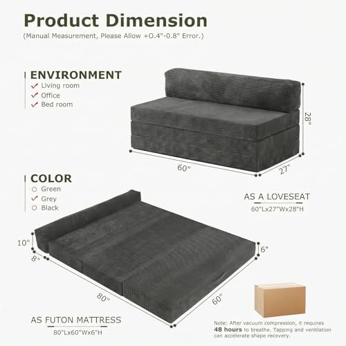 5-in-1 Convertible Sofa Bed, Boneless Loveseat, Tri-fold Futon Sofa Bed with Removable Cushions & Washable Cover, Pull Out Couch with Handle, for Small Spaces, Queen Size, Grey - color: Grey, size: Queen Size-80''L*60''W