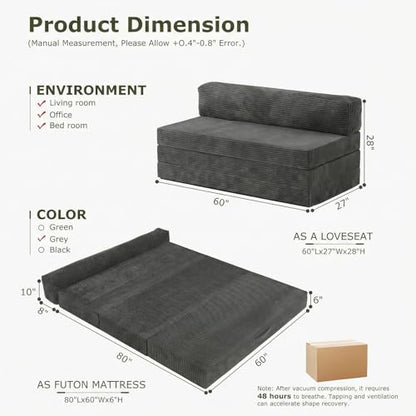 5-in-1 Convertible Sofa Bed, Boneless Loveseat, Tri-fold Futon Sofa Bed with Removable Cushions & Washable Cover, Pull Out Couch with Handle, for Small Spaces, Queen Size, Grey - color: Grey, size: Queen Size-80''L*60''W