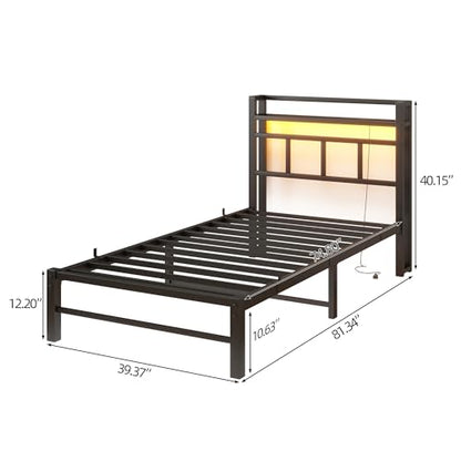 Twin Bed Frame with Headboard,Single Bed Frame with Charging Station and LED Lights,Metal Platform Bed Twin Sizes,No Box Spring Needed,Easy Assembly,Black (Black, Twin) - size: Twin, style: Modern Twin
