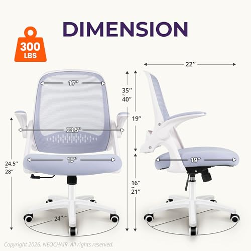 NEO CHAIR Office Desk Chair, Ergonomic Mesh with Flip-Up Armrests, Purple | Lumbar Support, Height Adjustment, 360° Swivel and Rolling Base, Space-Saving Design for Home Office, Vanity or Study - color: Purple