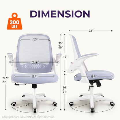 NEO CHAIR Office Desk Chair, Ergonomic Mesh with Flip-Up Armrests, Purple | Lumbar Support, Height Adjustment, 360° Swivel and Rolling Base, Space-Saving Design for Home Office, Vanity or Study - color: Purple