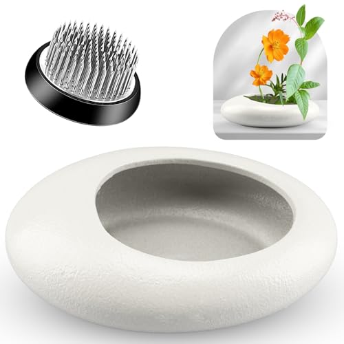 Ikebana Flower Frog Vase Set, 1.57in Stainless Steel Florist Frog for Arrangements and Ceramic Water Drop Pot, Elegant Ikebana Flower Holder for Cut Flowers, Floral Decor Kit(White Small Size) - color: White, size: Small Size
