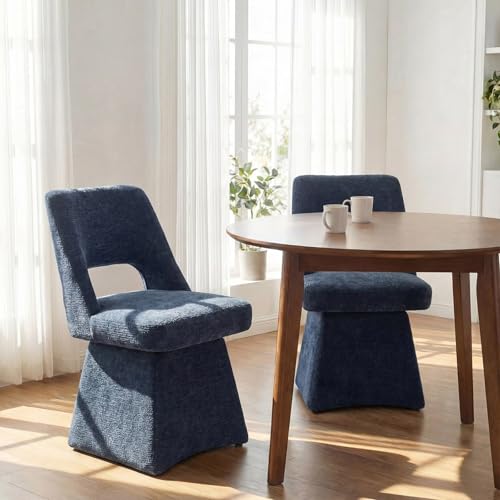 VKNOW Upholstered Swivel Dining Chair with Curved Open Back | Modern Dining Room Chairs with Chenille Fabric, Space-saving, Easy Assembly, for Dining Room, Living Room, Bedroom, Blue - color: Blue