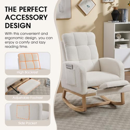 Rocking Chair Nursing, Rocker Chair with Footrest (White Retro) | Teddy Boucle Upholstered Accent Reading Chair with High Back & Side Pocket for Living Room Bedroom Nursery Office - color: White Retro