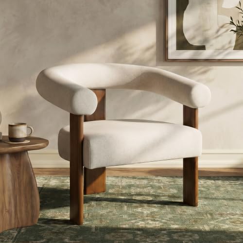 VKNOW Barrel Accent Chair, Vanity Chair with Armrests and Walnut Wood Legs | Mid Century Modern Upholstered Living Room Chairs with Open Back, Faux Mohair Fabric, for Living Room, Bedroom, Khaki - color: Khaki(walnut Legs), size: Set of 1