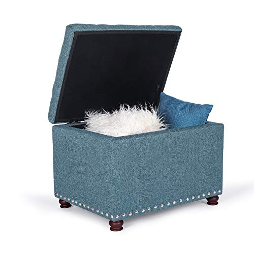 Adeco Rectangular Storage Ottoman Foot Rest Stool, Fabric Button Tufted Storage Ottoman with Hinged Lid (Cyan) - color: Cyan