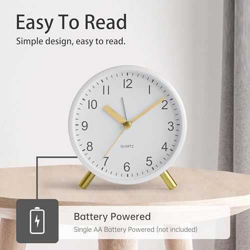 JALL Analog Alarm Clock, 4 inch Super Silent Non Ticking Small Clock with Night Light, Battery Operated, Simple Design, Easy Setting for Office, Bedroom, Bedside, Desk, Teens, Elders, Adult, White - color: White+gold