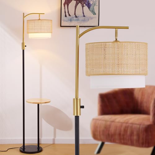 Dimmable Floor Lamp with Table and Marble Base, Arc Floor Lamp with Bulb, Boho Farmhouse Standing lamp with Fabric & Bamboo Shades for Living Room Bedroom - color: Black and Gold 03