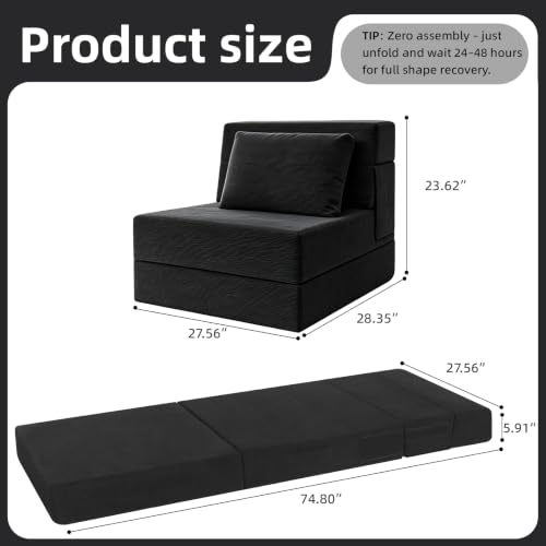 Folding Sofa Bed, Convertible Sleeper Chair with Pillow, Fold Out Chair Bed, Memory Foam Floor Couch Bed, Foldable Futon Couch Lounge for Living Room (Black-Corduroy, Single) - color: Black-corduroy, size: Single