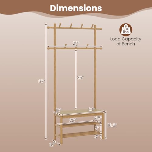 GIANTEX 3-in-1 Hall Tree with Bench and Shoe Storage, 11 Hanging Rods | Bamboo Coat Rack Freestanding w/ PE Rattan Bench & 3-Tier Shoe Rack, Narrow Mudroom Storage Organizer for Entryway Bedroom - color: Natural