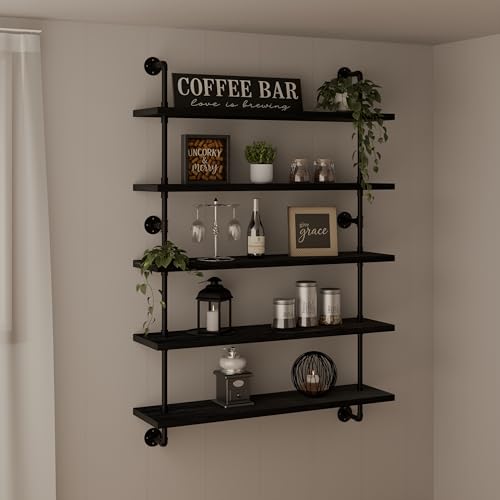 HDDFER Floating Shelves for Wall Living Room Shelves Bookshelf Industrial Pipe Shelving Shelf Real Wood Planks 36 inch Rustic Wall Shelves Hanging Bookshelves Farmhouse Kitchen Bar Shelving - color: Black, size: 5Tier36in