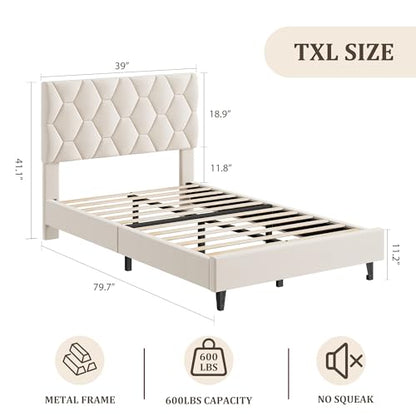GAOMON Beige Twin XL Bed Frame with Upholstered Headboard, Heavy-Duty Platform Bed Frame with Strong Wood Slats, No Box Spring Needed/Noise Free/Easy Assembly | Heavy-Duty Bed Frame with Wooden Slats Support Upholstered Mattress Foundation No Box Spring N