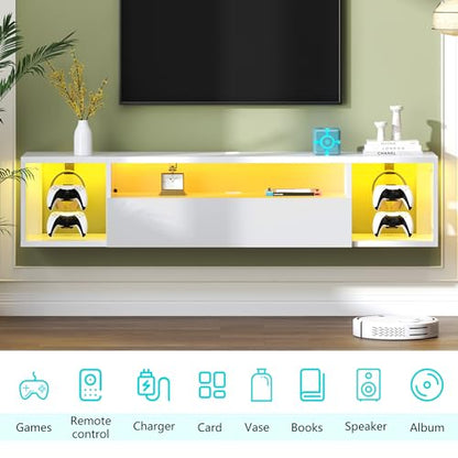 sogesfurniture 55'' Floating TV Stand Wall Mounted with Lights, Floating Entertainment Center with Lights, Modern Media Console with Storage, Wall Mounted LED TV Stand for Living Room - size: 55''-White