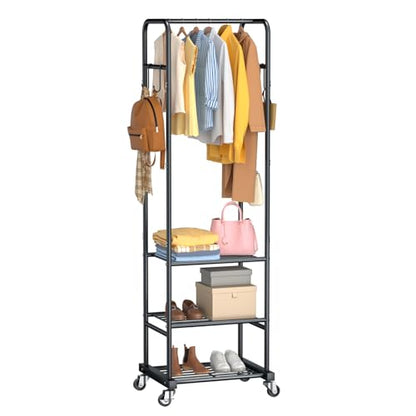 Clothes Rack with Wheels, Freestanding Garment Rack with 3 Metal Shelves for Hanging Clothes, Portable Hanging Rod for Small Room, Bedroom, Bathroom (Black)