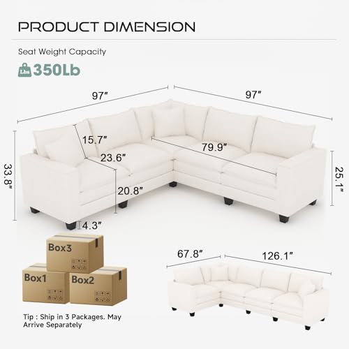 97" L Shaped Sectional Couch, Comfy Chenille Cloud Couch, 5 Seat Modular Cloud Sofa with 2 Pillows & Storage Armrests, Convertible V Shaped Corner Couch, Sectional Couches for Living Room, Beige - color: Beige Chenille, size: 97" V Shaped