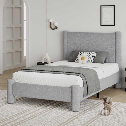 REVOMINCA Twin Boucle Bed Frame with Headboard & Footboard, Light Grey | Upholstered platform frame has soft rounded corners, needs no box spring, and features easy assembly. - color: Grey, size: Twin
