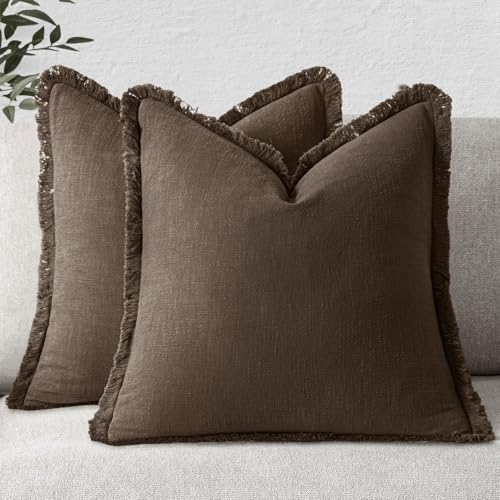 MIULEE Linen Fringe Decorative Fall Pillow Covers Chocolate Brown 18x18 | Set of 2, Cottagecore Decor, Boho Farmhouse Neutral Pillow Covers, Rustic Fall Couch Cushion Cases for Sofa Bed Living Room - color: Chocolate Brown, size: 18" x 18" (Pack of 2)