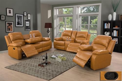 A Ainehome 3 Pieces Living Room Furniture Sets, Manual Leather Recliner Sofa Set with Storage, Reclining Couch Loveseat Chair Furniture Sofa Set for Living Room/Rv/House/Office - color: A-ginger Leather, size: 3 piece set