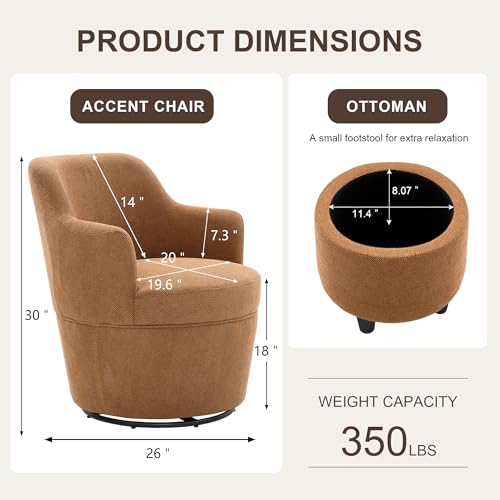 LOULENS Swivel Accent Chair with Storage Ottoman, Brown | Linen, Small, Barrel, Reading Chair, Vanity Chair, Comfy Single Sofa, Armchair, For Living Room, Bedroom - color: Brown