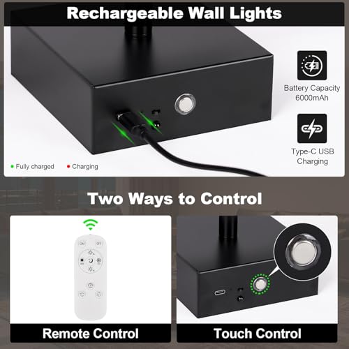 Battery Operated Wall Sconce Set of Two with Remote Control, 3000K-6000K Dimmable Black Wall Lights, Timable LED Wireless Wall Sconces, 350° Ratate for Bathroom, Living Room, Hallway 29.1 Inch - color: Black, size: 29.1in(2 Pack)