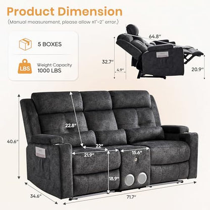 Power Reclining Sofa with 4 LED Lights, Bluetooth Speaker, Power Reclining Loveseat with Drop Down Table,Outlets, 3-Seater Recliner Sofa with Arm/Seat Storage(Grey, Loveseat with Console) - color: Grey, size: Loveseat with Console