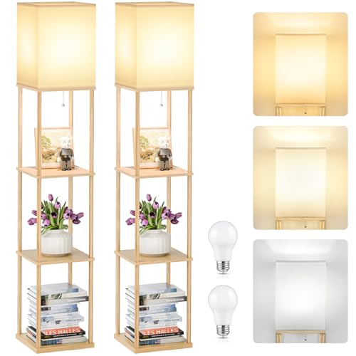Coucrek 2-Pack Floor Lamp with Shelves, 3-Tier Standing Shelf Lamp | 3CCT 950LM Bulb Included, Storage Bookshelf Tall Lamps for Living Room Bedroom Office - color: Wood