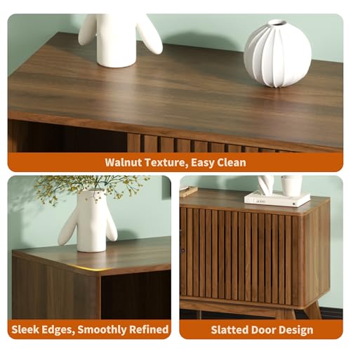 63" TV Stand, Media Console for TVs up to 70", Walnut | Mid-Century Modern Design, Fluted Sliding Doors, Storage Cabinets, Cable Management, Media Console for Living Room, Bedroom