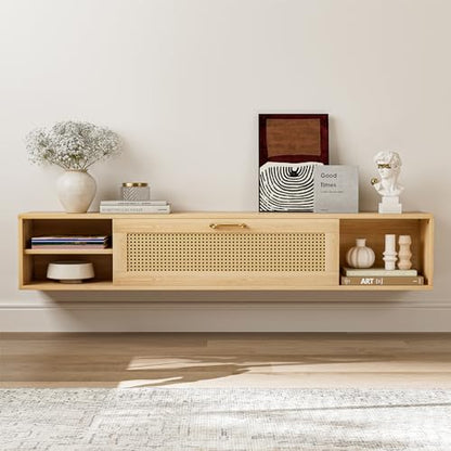 Rattan Floating TV Stand for 75 Inch TV, Wood Wall Mounted TV Cabinet, Mid Century Modern Center TV Stand w/Rattan Cabinet, Entertainment Media Console Large Storage TV Shelfs for Living Room