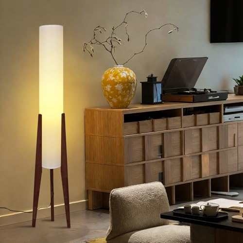 Wabi-Sabi 50" Wood Tripod Floor Lamp with Paper Lantern Inspired | Tall Linen Fabric Shade, E26 3-Color Temperatures Bulb Included, Foot Switch, Walnut Finish For Living Room, Bedroom, Office - color: Walnut