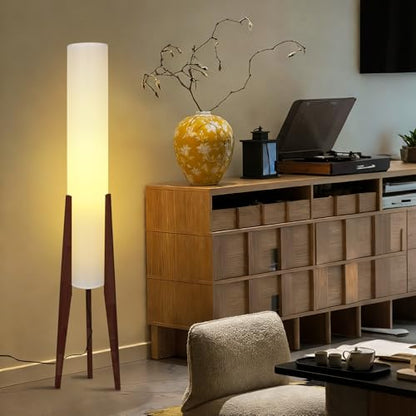 Wabi-Sabi 50" Wood Tripod Floor Lamp with Paper Lantern Inspired | Tall Linen Fabric Shade, E26 3-Color Temperatures Bulb Included, Foot Switch, Walnut Finish For Living Room, Bedroom, Office - color: Walnut